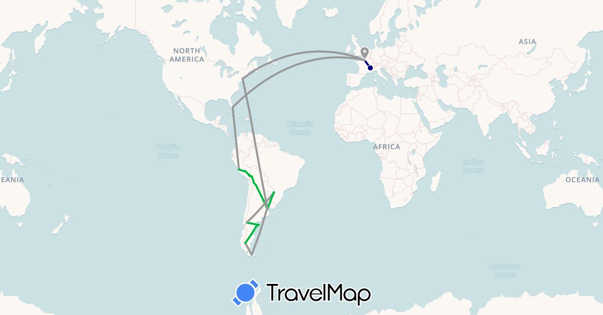 TravelMap itinerary: driving, bus, plane in Argentina, Bolivia, France, Peru, United States (Europe, North America, South America)