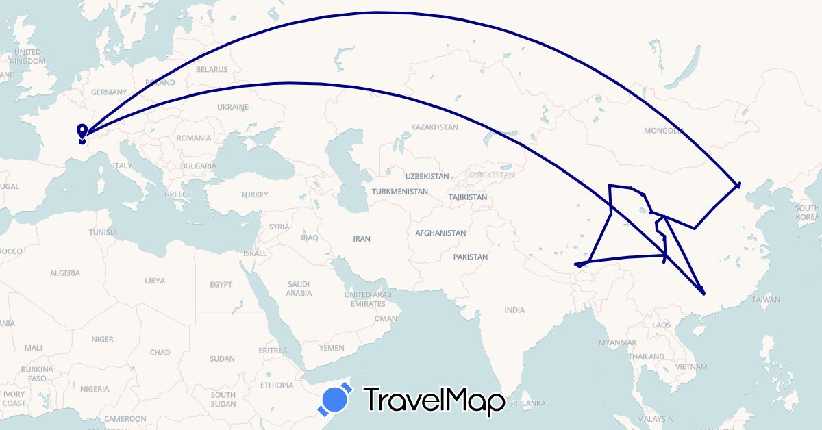 TravelMap itinerary: driving in Switzerland, China, France (Asia, Europe)